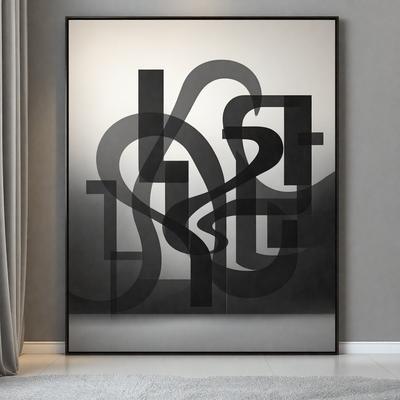 The primary subject of the image is a large, black and white artwork featuring a series of interconnected letters. The setting is a room with a white carpet, and the visual style appears to be a combination of digital art and illustration. The dominant colors in the image are black and white, creating a bold and striking appearance. The overall atmosphere of the image is modern and contemporary.